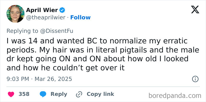 Tweet about a 14-year-old experiencing unfortunate comments from a doctor regarding her appearance.