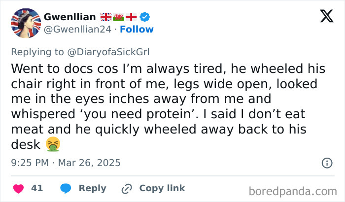 Tweet describing a bad doctor visit, mentioning advice about protein despite dietary restrictions, with an unimpressed reaction.