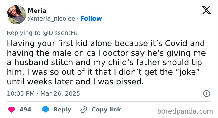 Tweet about a negative experience with a doctor during childbirth, describing an inappropriate comment.