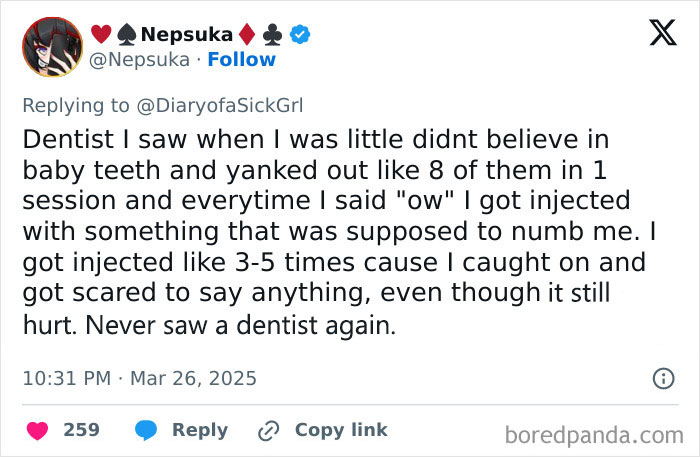 Text exchange about a dentist experience, highlighting a negative encounter with a doctor.