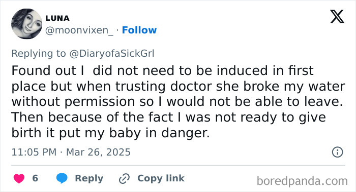 Tweet about worst doctor experience, inducing labor without permission, endangering baby.