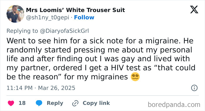 Tweet about an unfortunate experience with a doctor who suggested an HIV test for migraines after learning about patient's sexuality.