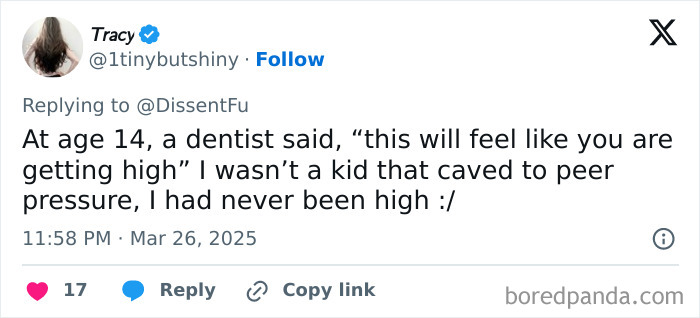 Tweet recounting a dentist visit gone wrong at age 14, highlights a negative doctor experience.