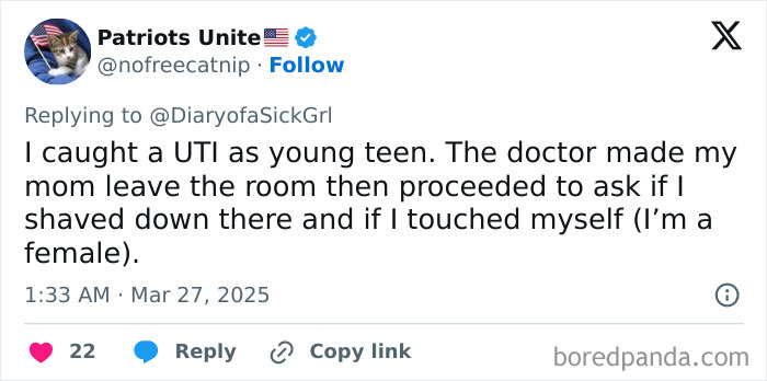Tweet recounting a bad doctor experience from a young teen with UTI, highlighting inappropriate questions asked by the doctor.