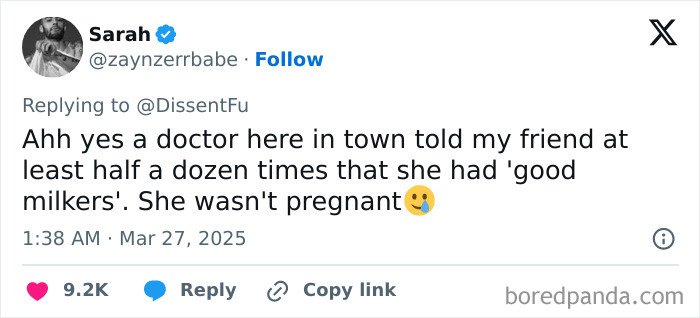 Tweet about bizarre doctor comment, mentioning 'good milkers' to non-pregnant friend.