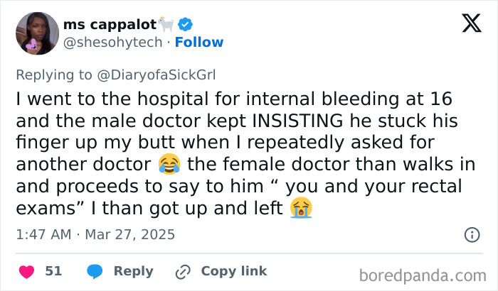 Tweet describing a negative encounter with a doctor, highlighting a concerning medical experience.