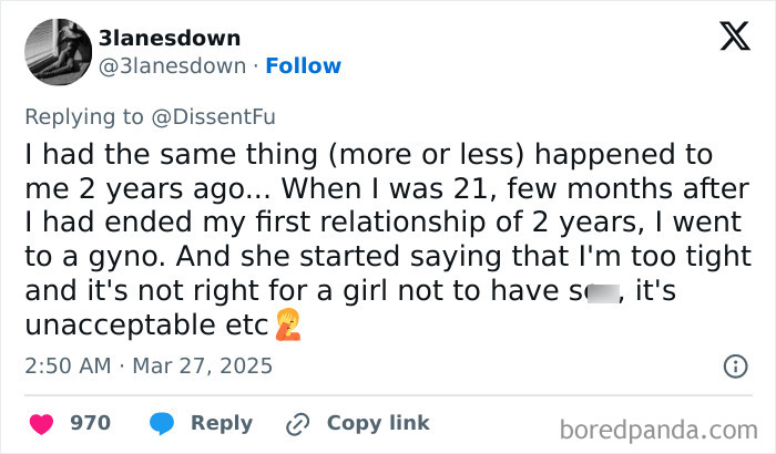 Tweet discussing a negative experience with a gynecologist, emphasizing discomfort and inappropriate comments.