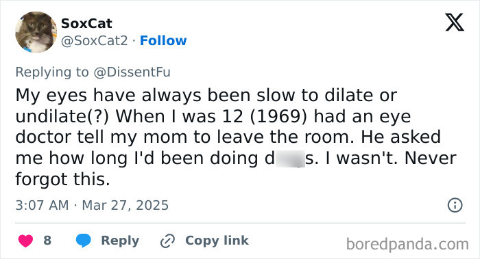 Tweet recounting a bad experience with an eye doctor, highlighting unfortunate doctor visits.