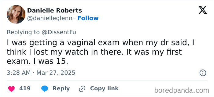 Tweet sharing a story about an unpleasant experience with a doctor during a first exam at age 15.