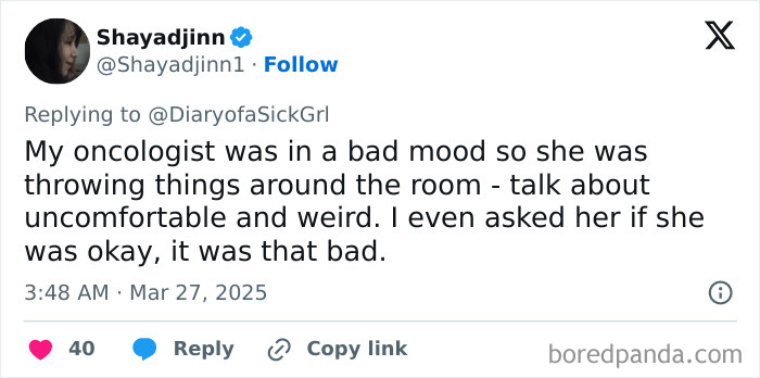 Tweet recounts an experience with an oncologist in a bad mood, highlighting an uncomfortable doctor visit.
