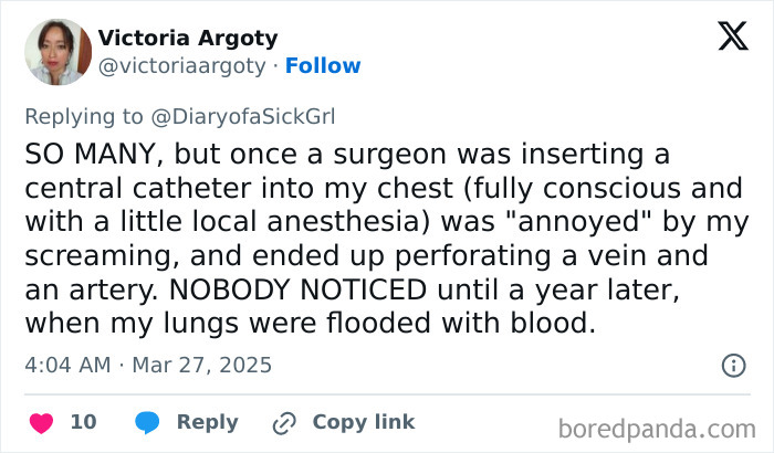 A tweet recounting a negative experience with a doctor inserting a central catheter incorrectly.