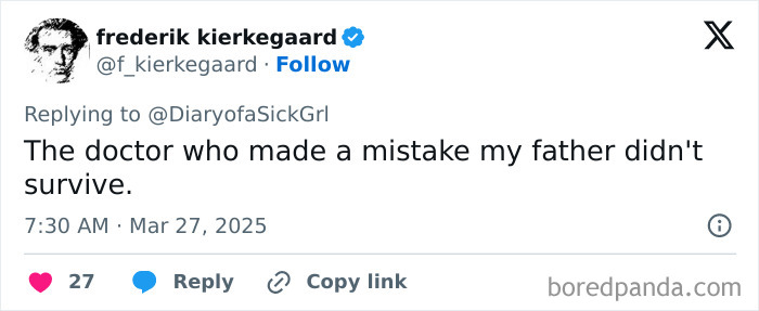 Tweet about an unfortunate doctor mistake with fatal consequences.