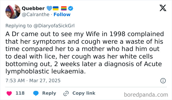 Tweet recounting a story about a bad doctor visit, highlighting a misdiagnosis leading to an acute leukemia diagnosis.