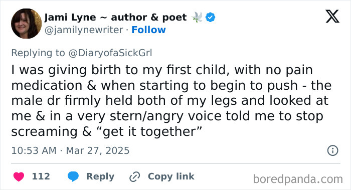 Tweet about a difficult experience with a doctor during childbirth, involving stern behavior and a lack of compassion.