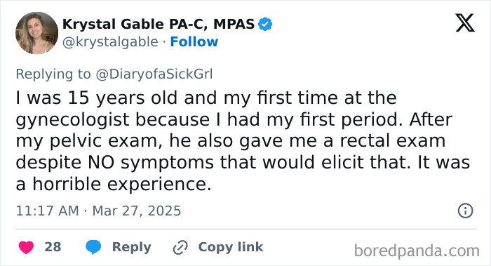 Tweet about a troubling doctor experience shared by a user, highlighting a distressing exam situation.