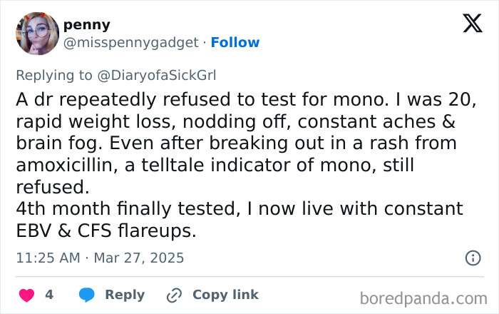 Tweet about a doctor refusing to test for mono, leading to health issues.