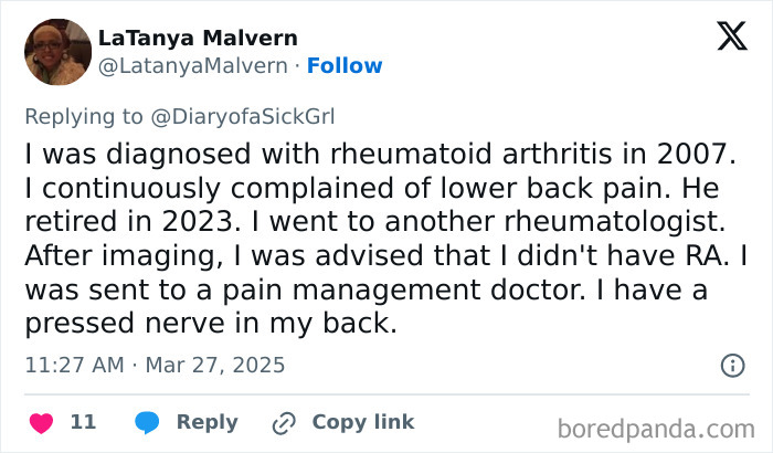 Tweet recounting misdiagnosis experience with doctors, leading to discovering a nerve issue in the back.
