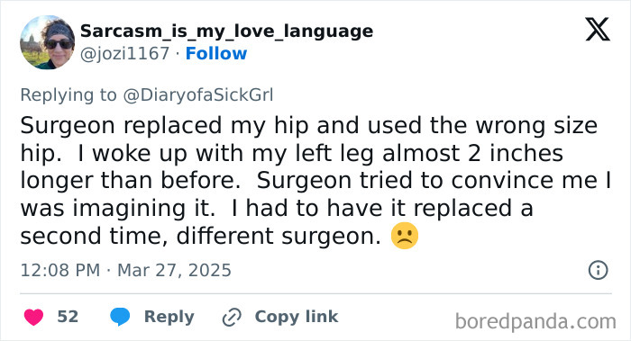 Tweet discussing a hip surgery mistake by a doctor, requiring correction by another surgeon.