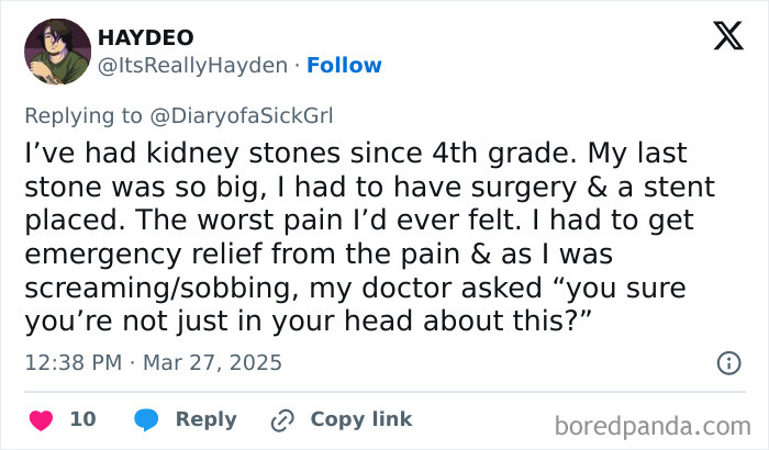 Tweet recounting a patient's struggle with kidney stones and a doctor's dismissive response; worst doctor experience.