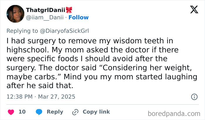 Tweet discussing an unfortunate experience with a doctor during wisdom teeth surgery.