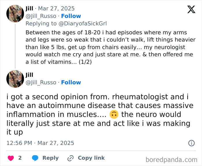 Twitter conversation discussing poor doctor experience and autoimmune diagnosis.