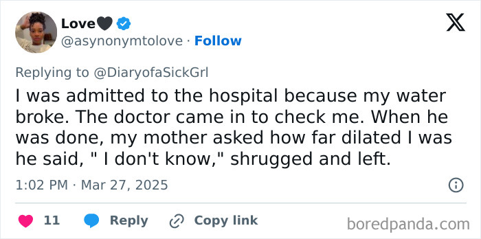 Tweet about a doctor's unhelpful response during a hospital visit.