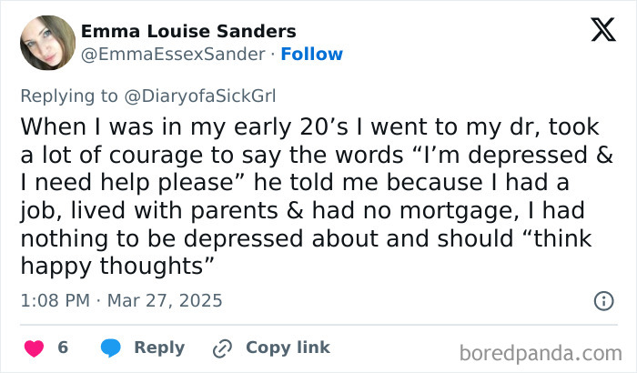 Tweet about a negative experience with a doctor dismissing depression concerns.