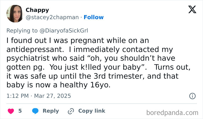 Tweet about a negative experience with a doctor and antidepressants during pregnancy.