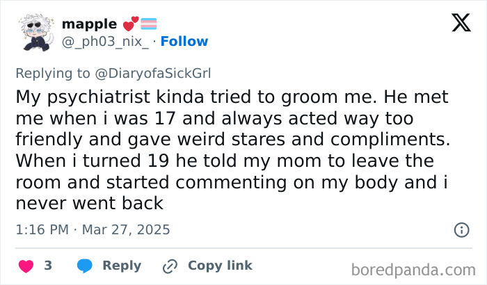 A tweet recounting a distressing experience with a psychiatrist, highlighting unprofessional behavior.