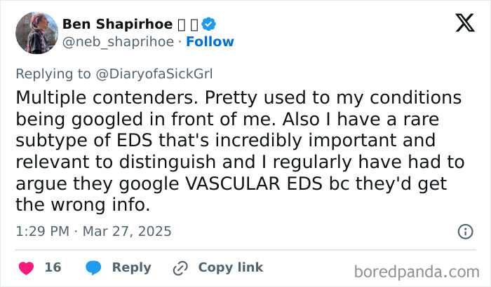 Tweet discussing worst doctor experiences, highlighting misdiagnosis of rare EDS subtype, needing specific medical info.