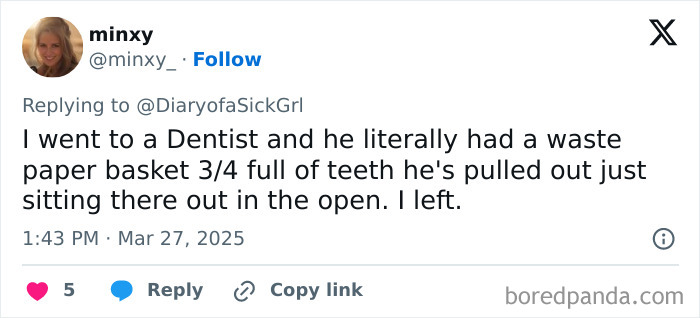 Tweet about a visit to a dentist with a basket nearly full of pulled teeth, reflecting poor doctor experience.