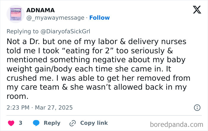 Tweet sharing bad experience with a healthcare provider, highlighting a nurse's remarks about weight gain.