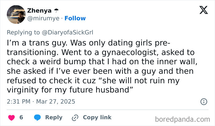 Text exchange highlighting a negative experience with a gynecologist.