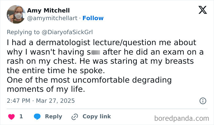 Tweet recounting an uncomfortable experience with a doctor, highlighting one of the worst medical encounters.