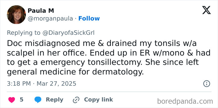 Tweet about misdiagnosis and emergency tonsillectomy; doctor switched from general medicine to dermatology.