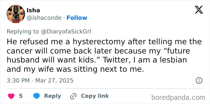 Tweet highlighting bad doctor experience about hysterectomy denial based on assumptions about future husband and children.