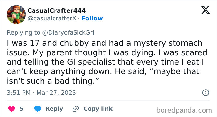 Tweet screenshot recounting a negative doctor experience, focusing on an unhelpful response to a stomach issue.