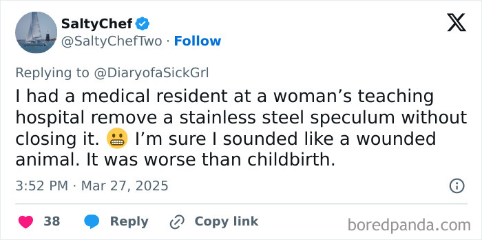 A tweet about a distressing experience with a doctor, highlighting a medical mishap and intense discomfort.