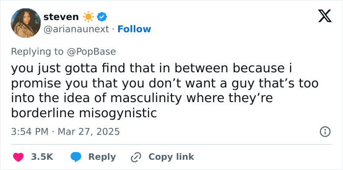 Tweet discussing masculinity and men in the "soft girl era" with a focus on balance and avoiding misogyny.