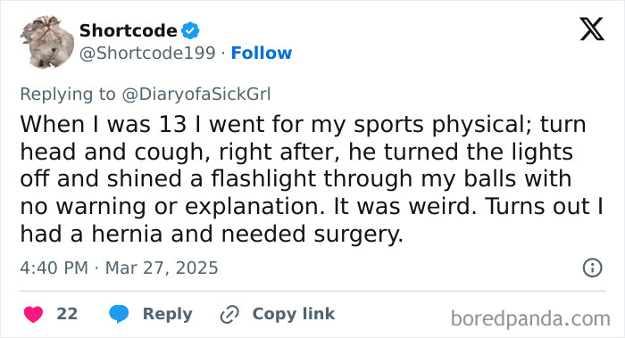 Tweet recounting an encounter with a doctor for a sports physical, revealing a hernia diagnosis in an unusual way.