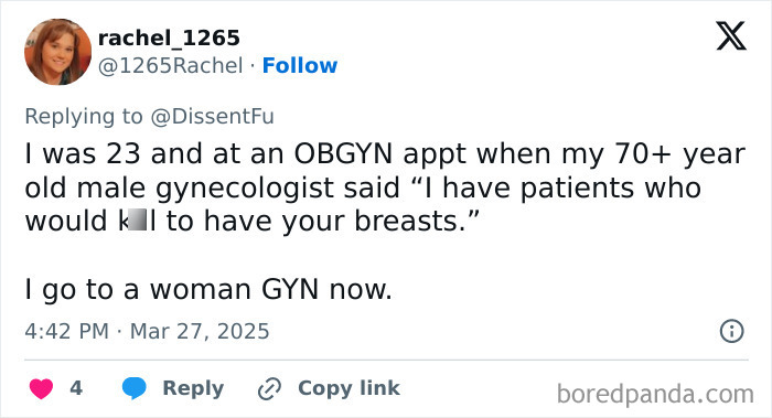 Tweet recounts a negative experience with an inappropriate doctor comment, prompting switch to female gynecologist.
