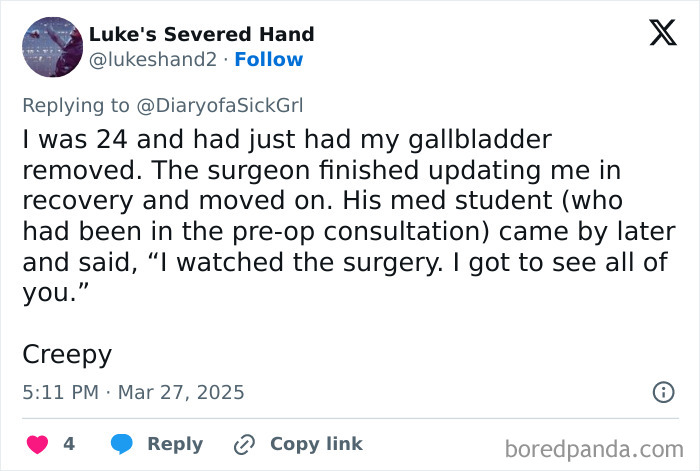 Tweet sharing a personal story about an unsettling experience with a med student after surgery.