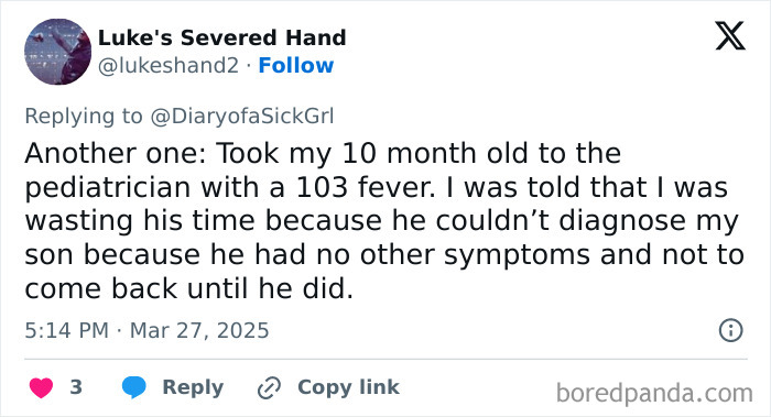 Tweet describing a frustrating experience with a doctor unable to diagnose a 10-month-old with a fever.