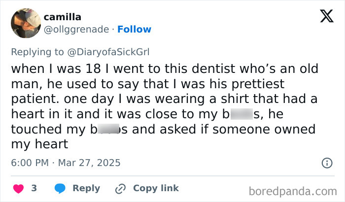 A user's tweet describing an inappropriate encounter with a doctor.