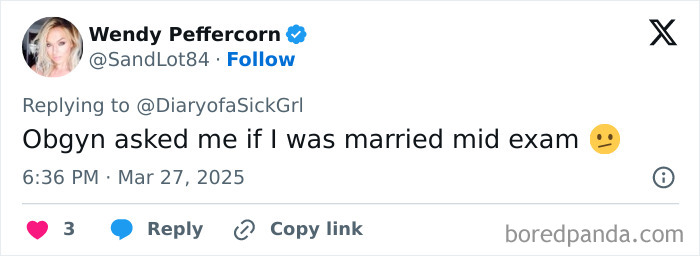 Tweet screenshot about an awkward question from a doctor during an exam.