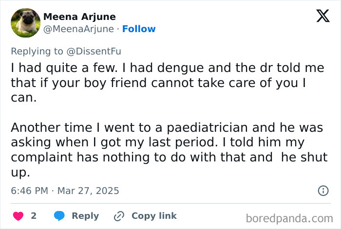 Tweet about unfortunate doctor experiences, discussing unprofessional comments during medical visits.