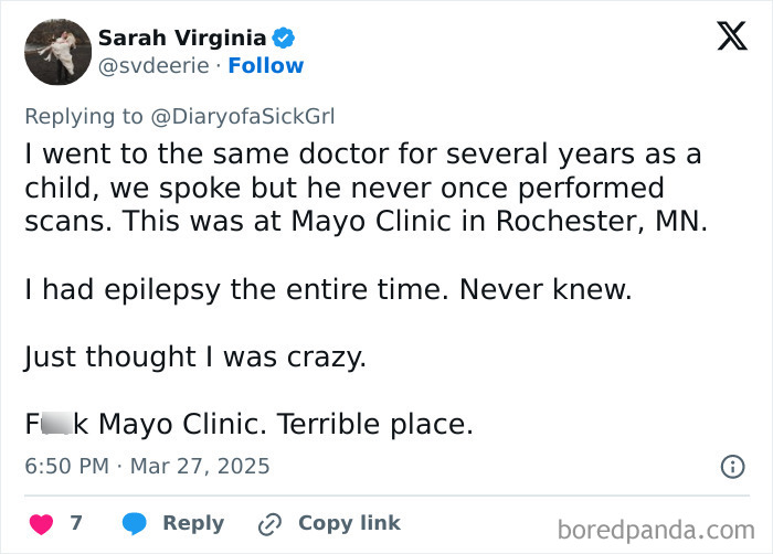 Tweet discussing experience with an ineffective doctor at Mayo Clinic, highlighting a missed epilepsy diagnosis.