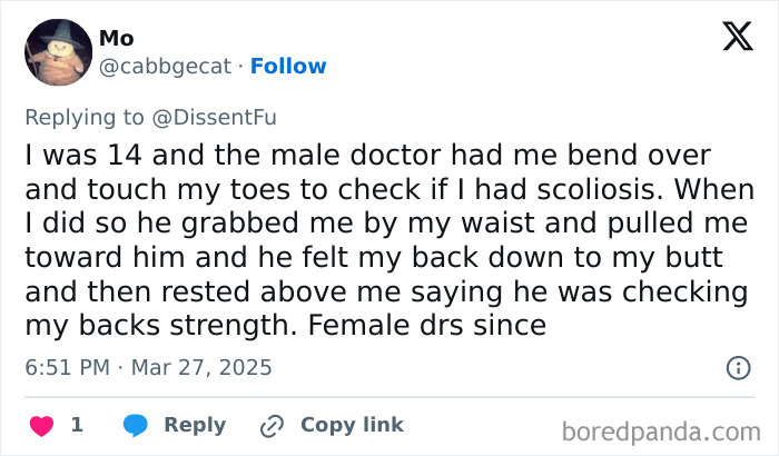 Tweet sharing a story about an uncomfortable doctor experience during a scoliosis checkup.