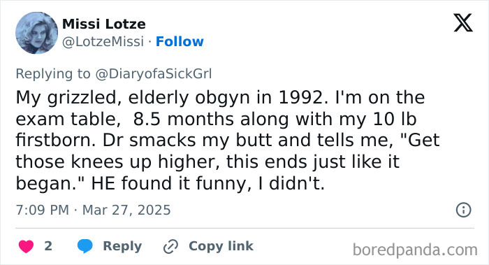 Tweet recounting an experience with a doctor in 1992, highlighting an uncomfortable exam table interaction.