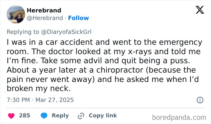 Tweet recounting a story about a bad experience with a doctor after a car accident.